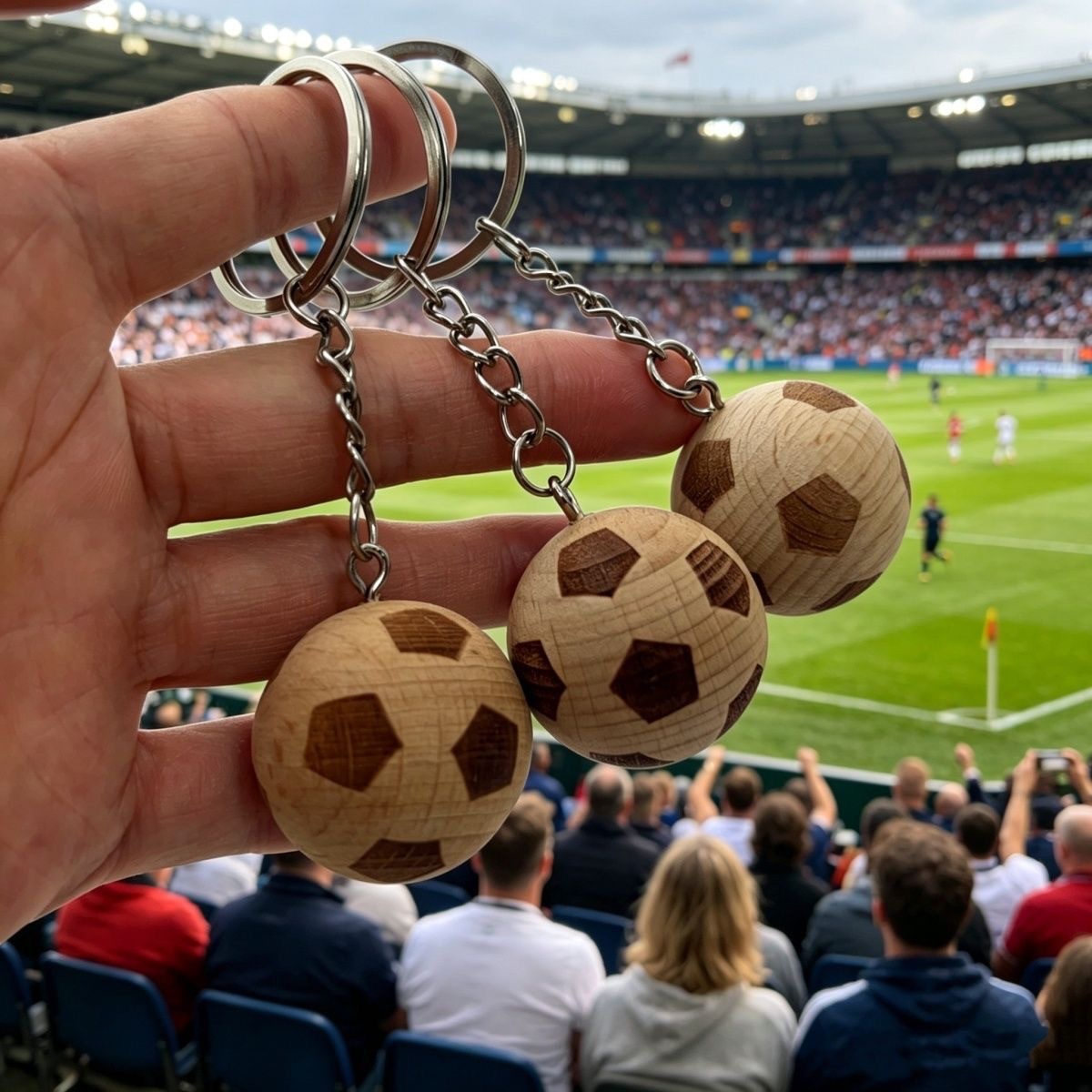 Breloc din lemn în formă de minge de fotbal cu pandantiv în formă de mașină sport