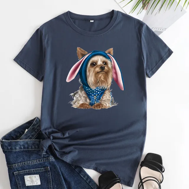 European And American Cute Dog Cotton Short sleeved T shirt Dark Blue - Shop at LoveMi
