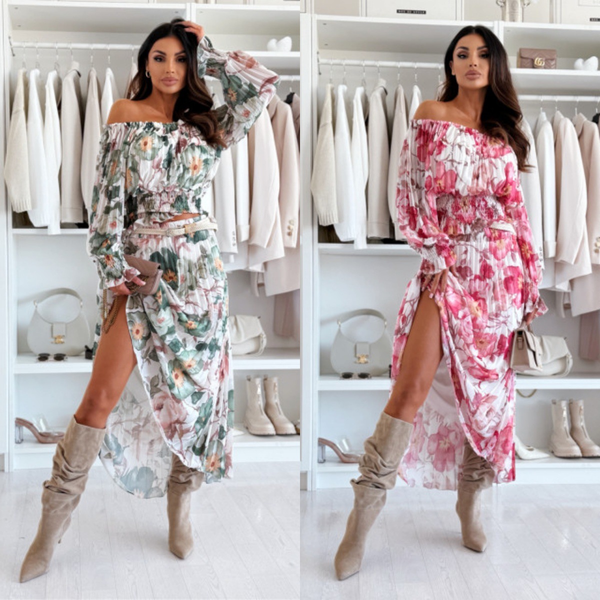 Fashion Floral-print Off-shoulder Long Sleeve Pleated Skirt Suit