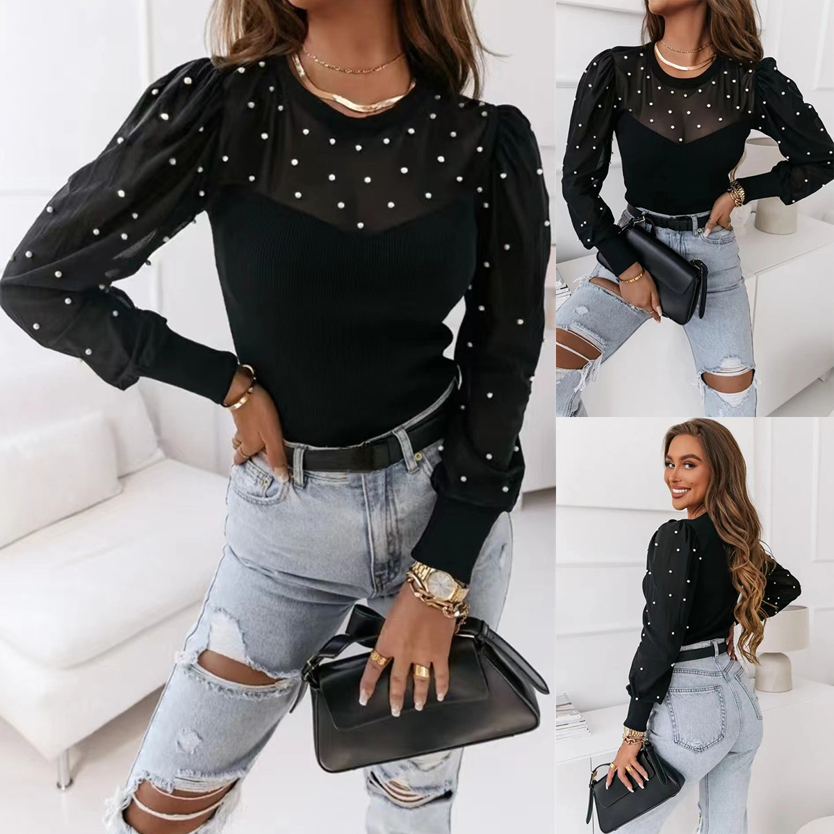 Title 5, Mesh Beaded Stitching Long-sleeved Solid Color Top