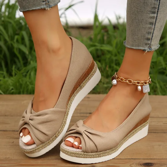 Plus Size Hemp Rope Bow Wedge Sandals Beige - Shop at LoveMi