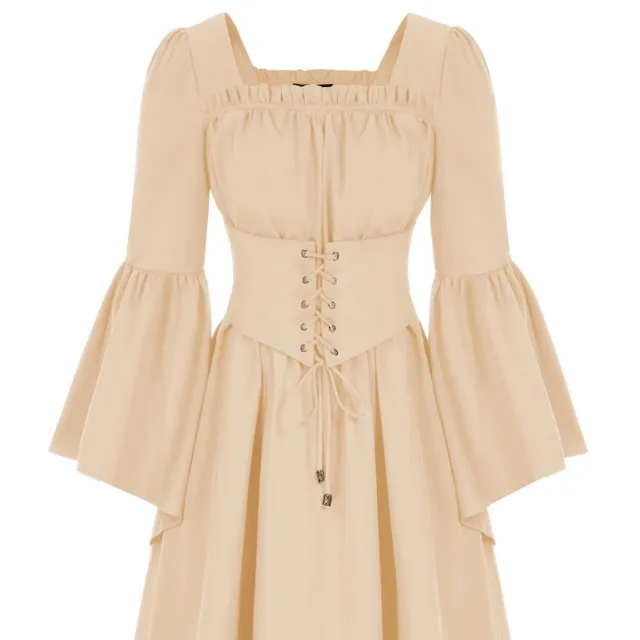 Women's Dress European And American Flying Sleeves Elastic Back Large Swing Retro Dress Beige - Shop at LoveMi