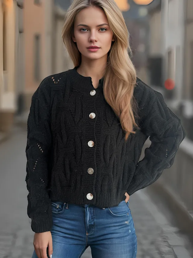Button Knitted Cardigan Sweater Coat Black - Shop at LoveMi