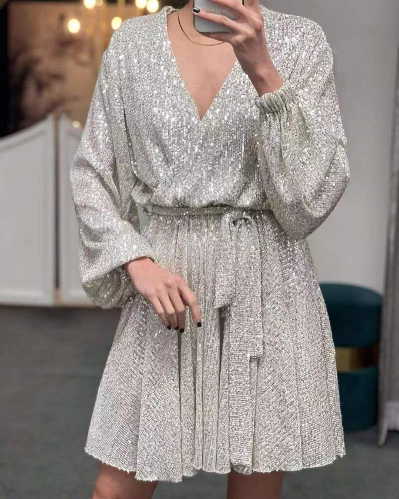 Women's Casual Versatile Solid Color V Neck Sequin Dress Silver - Shop at LoveMi