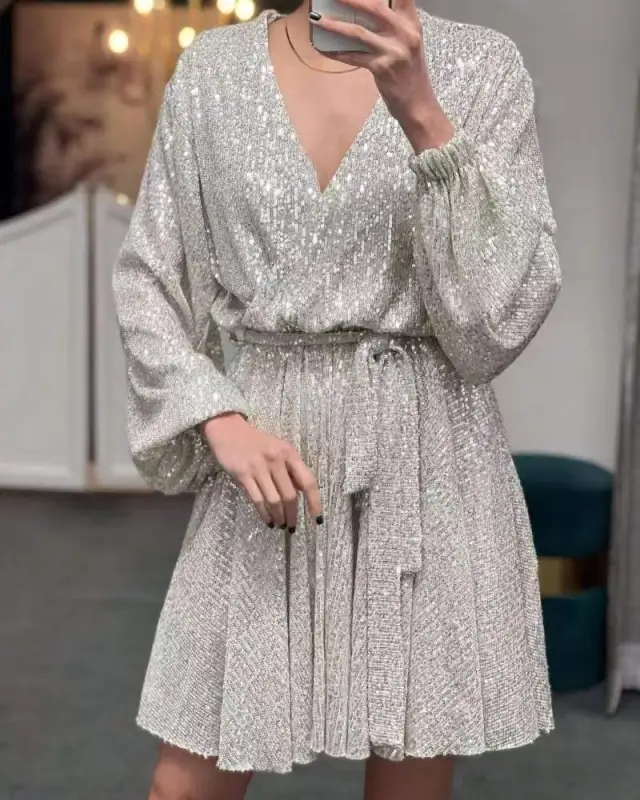 Women's Casual Versatile Solid Color V Neck Sequin Dress Silver - Shop at LoveMi