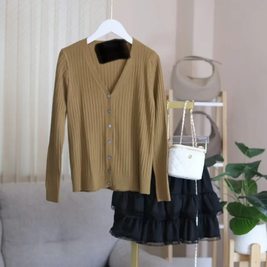 V-neck Sweater Sweater Thin Cardigan Jacket Top For Women - Camel