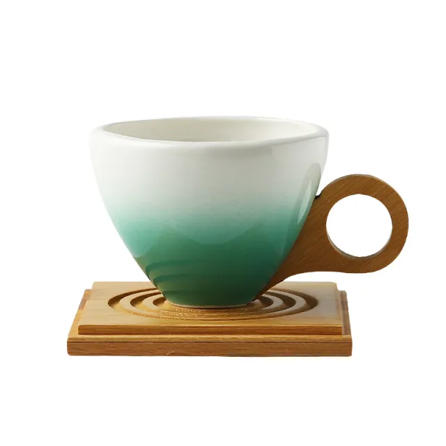 Gradient Color Ceramic Coffee Cup Gift Suit Creative Bamboo Handle Office Cup Ceramic Green - Shop at LoveMi