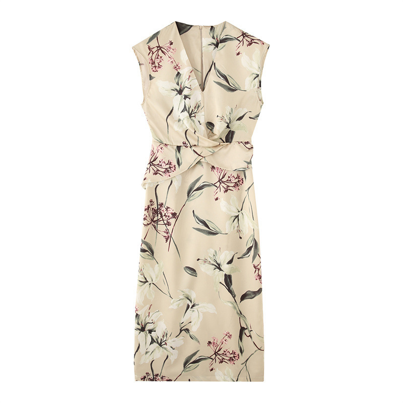 Flower Printed Silk Satin Texture V neck Short Sleeve Dress - Shop at LoveMi