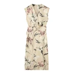 Flower Printed Silk Satin Texture V-neck Short Sleeve Dress - View 1
