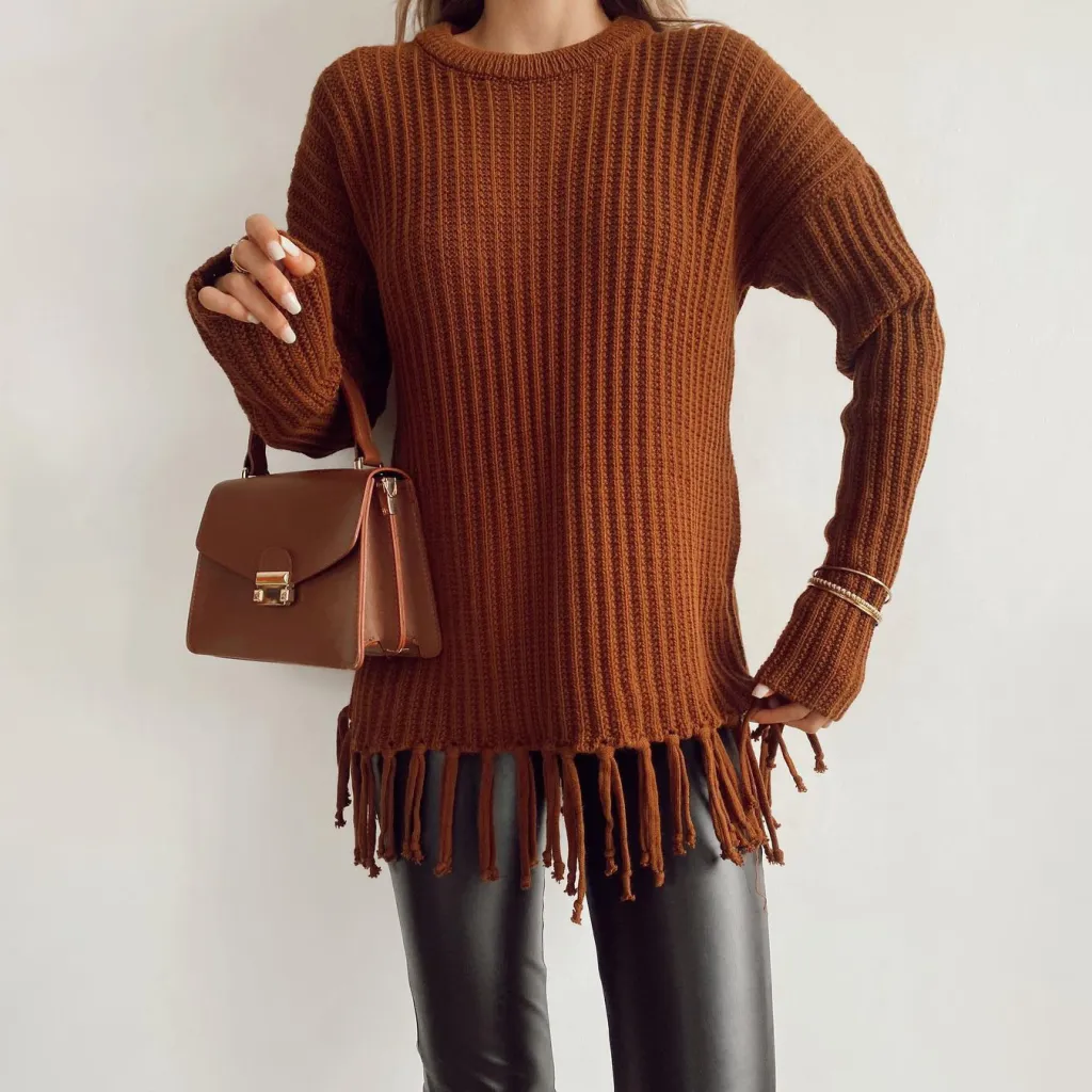Casual All-match Solid Color Knitted Top For Women - Brown