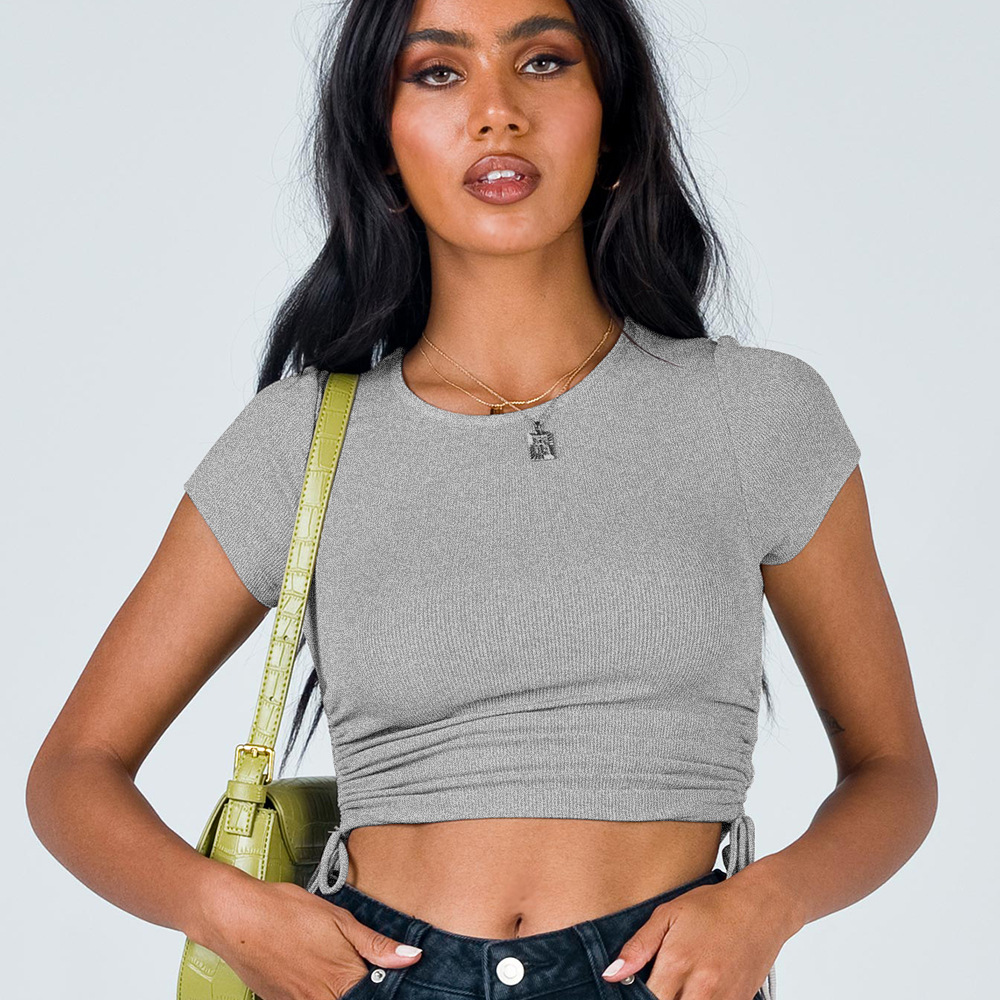 Crew-neck Drawstring Short-sleeve T-shirt Cotton Ribbed Slim-fit Midriff-baring Top