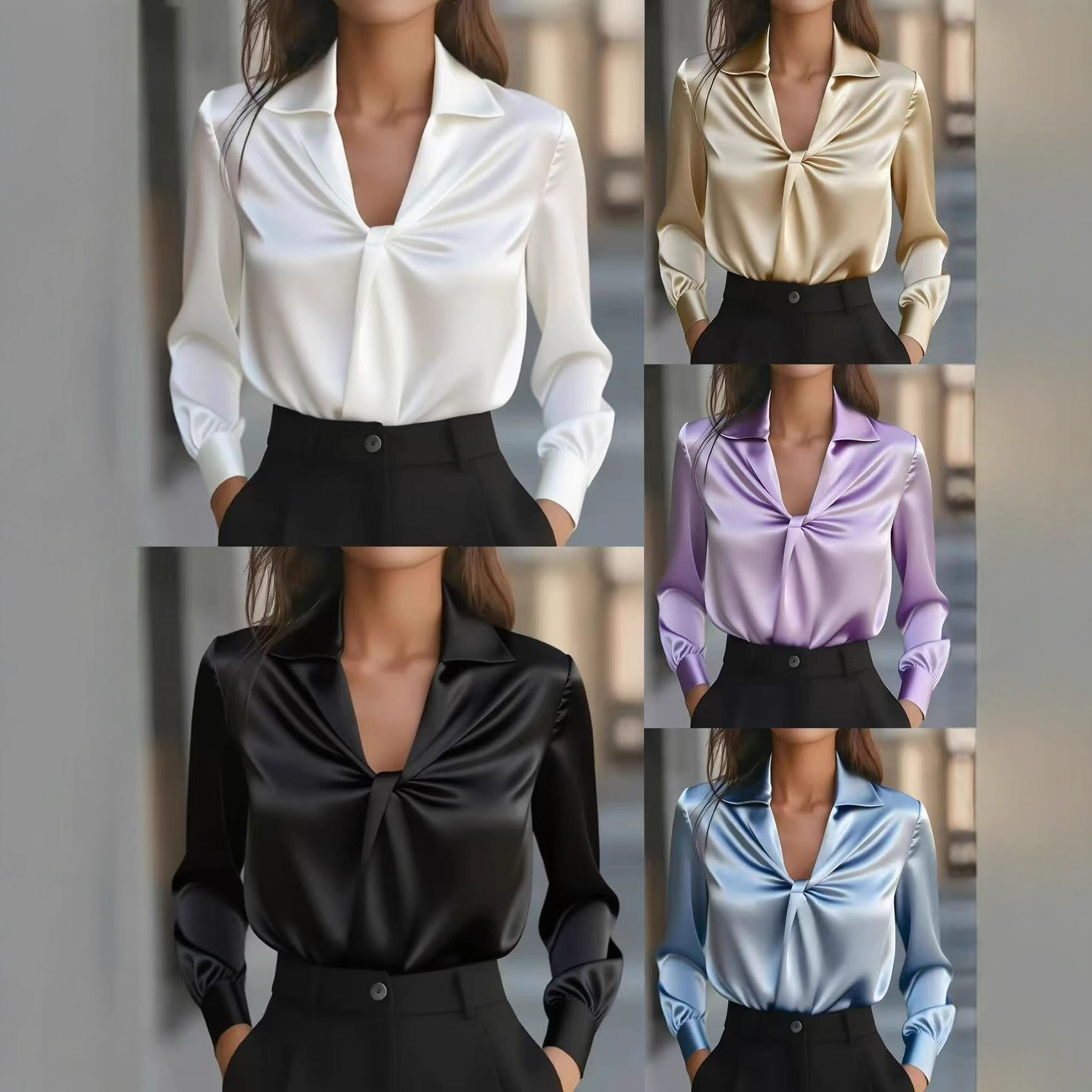 Autumn Fashion Temperament Solid Color Satin Pleated Long Sleeve Shirt Women - Image 9