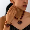 Retro Amber Heart Pendant Necklace And Bracelet Set view 1