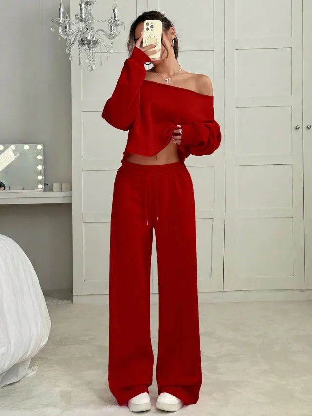 Autumn And Winter Casual Loose Round Neck Long sleeved Sweater Trousers Suit Red - Shop at LoveMi