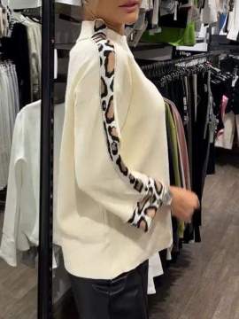 Fashion Women's Turtleneck Long Sleeve Leopard Splicing Top