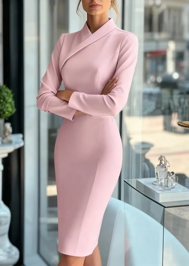 Solid Color Fashion Commuter Long sleeve High neck Slim fit Long Pencil Skirt Pink - Shop at LoveMi