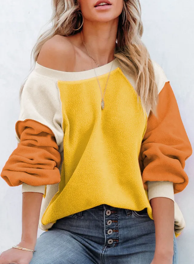 Fleece Lantern Sleeve Sweater Plush Contrast Color Long Sleeve Pullover Top Yellow - Shop at LoveMi