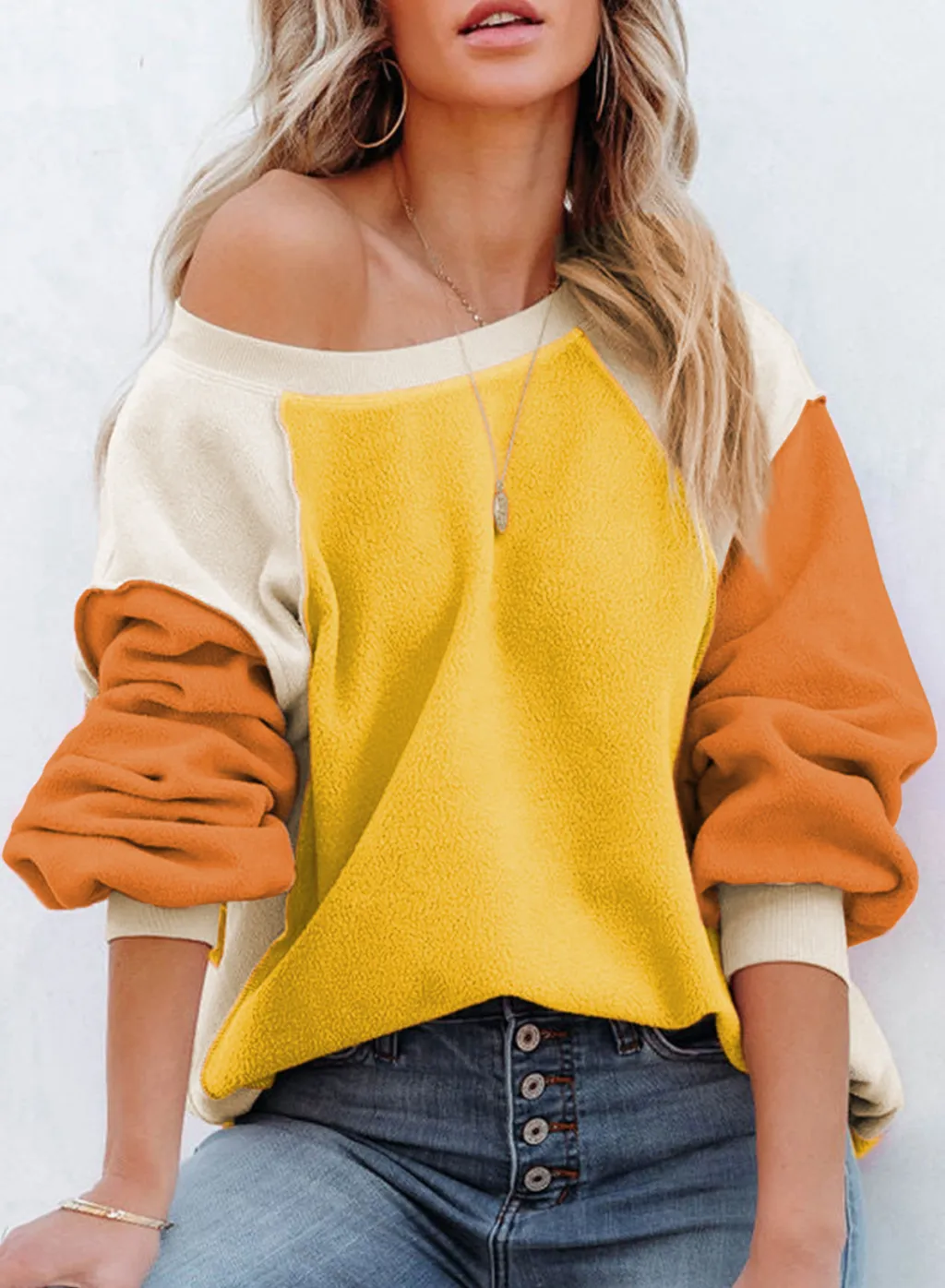 Fleece Lantern Sleeve Sweater Plush Contrast Color Long Sleeve Pullover Top - Yellow