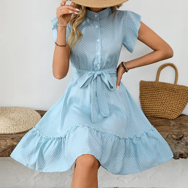 Elegant Polka Dot Ruffle Sleeve A Line Skirt Blue - Shop at LoveMi