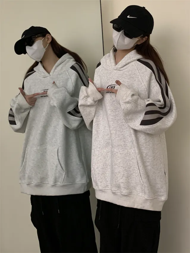 Stitching Bold Stripes Raglan Sleeve Sweater Fleece lined Hoodie White Gray - Shop at LoveMi