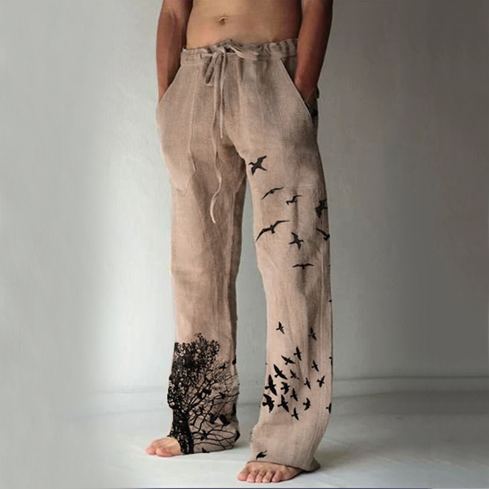 Printed Flying Bird Drawstring Leisure Men's Pants