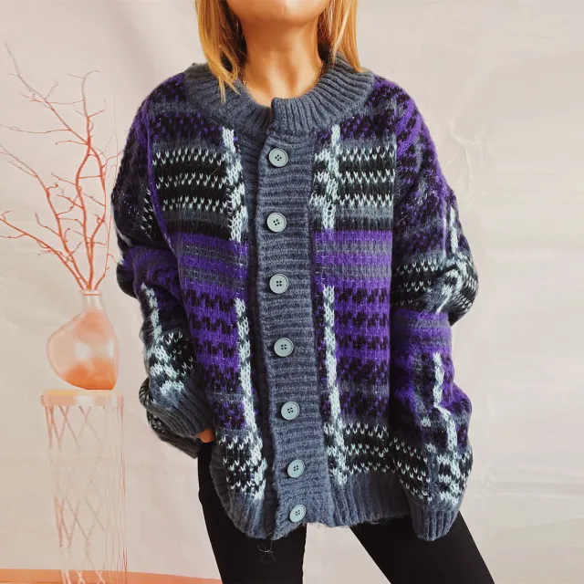 Women's Fashion Casual Contrast Color Striped Single breasted Sweater Blue - Shop at LoveMi