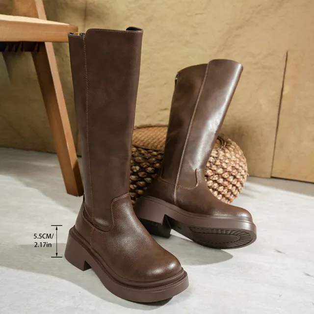 Autumn And Winter Europe And America Knee high Thick soled Round toe High top Women's Boots Brown - Shop at LoveMi