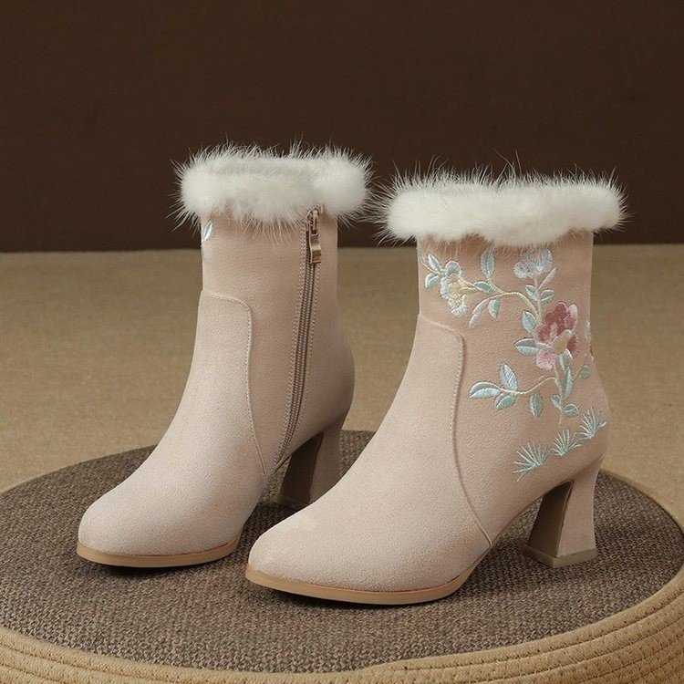 Womens Winter Fleece-Lined Ethnic-Style New Vintage Embroidered Ankle Boots
