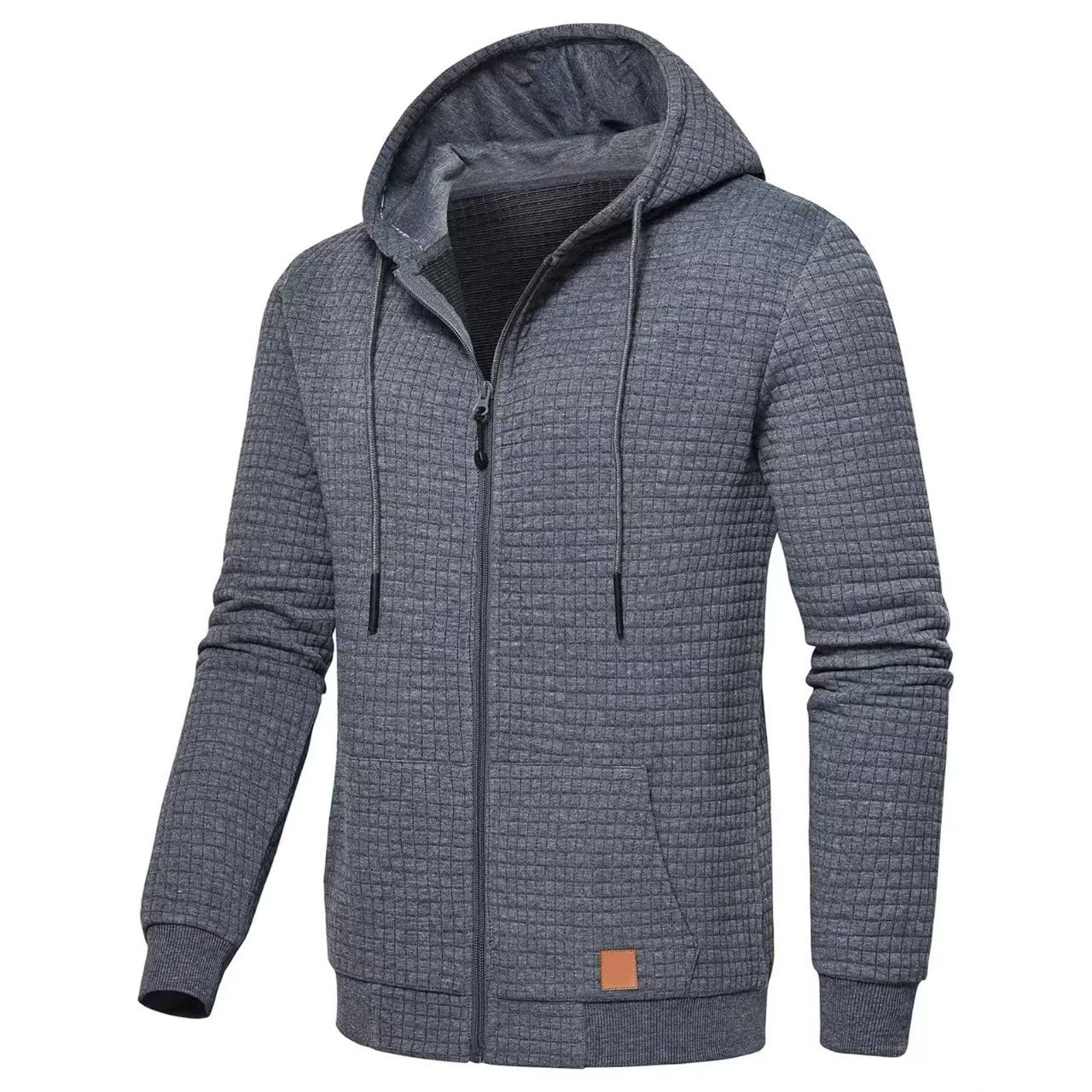 Mens Plaid Jacquard Long-Sleeve Hooded Zip-Up Sweatshirt
