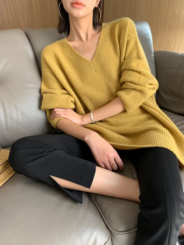 Idle Style V neck Women's Thick Mid length Sweater Ginger - Shop at LoveMi