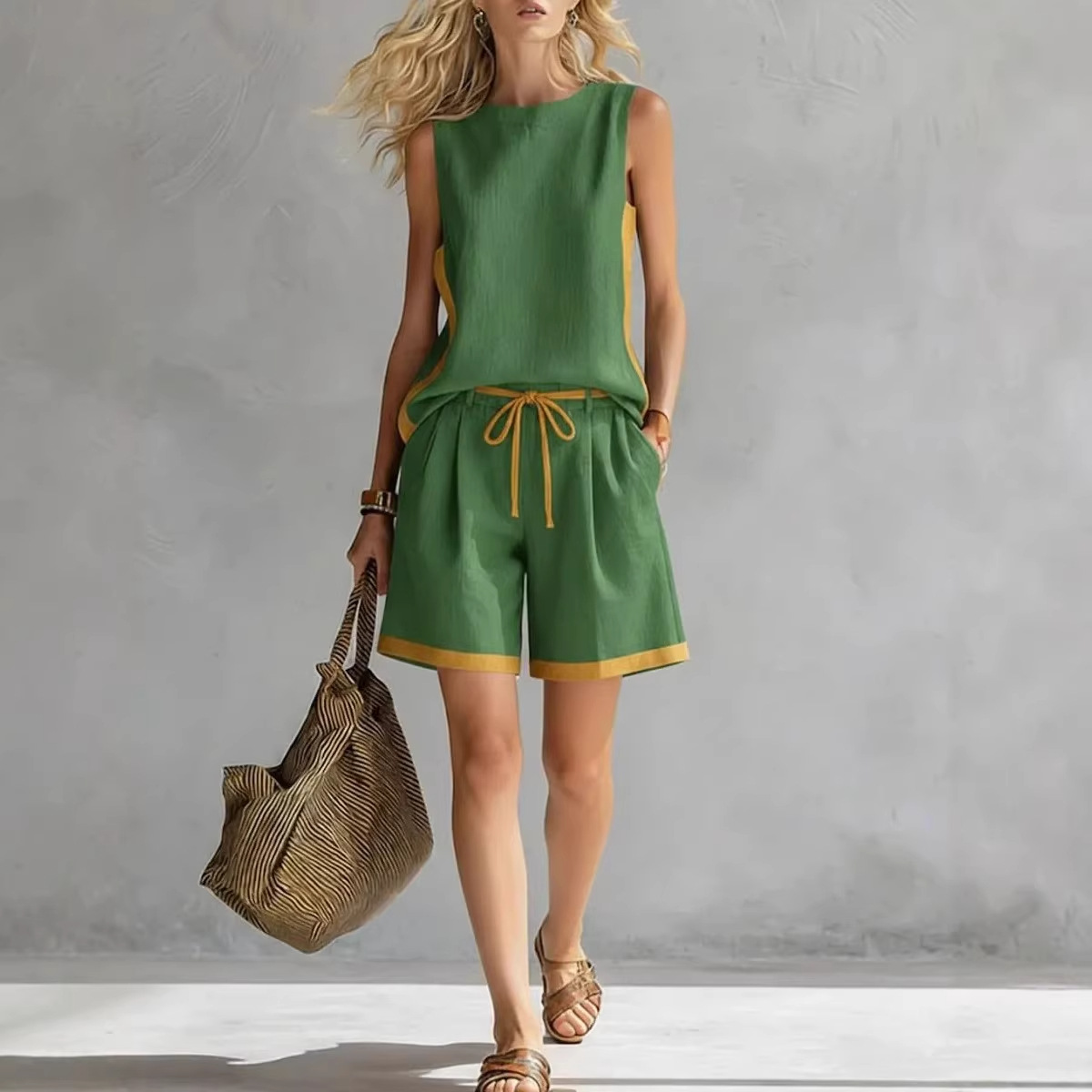 Solid-color Loose Casual Vest And Shorts Set