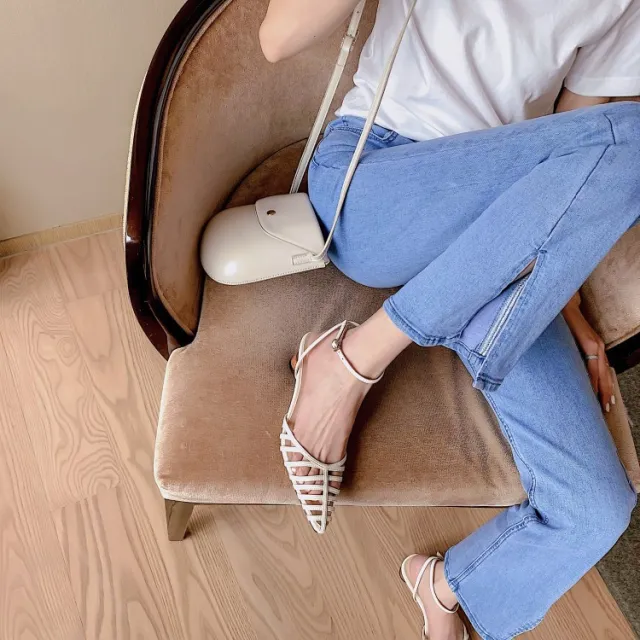 French Retro Pointed toe Hollowed Mid Heel Thick Heel Toe Box Fashion Sandals White - Shop at LoveMi