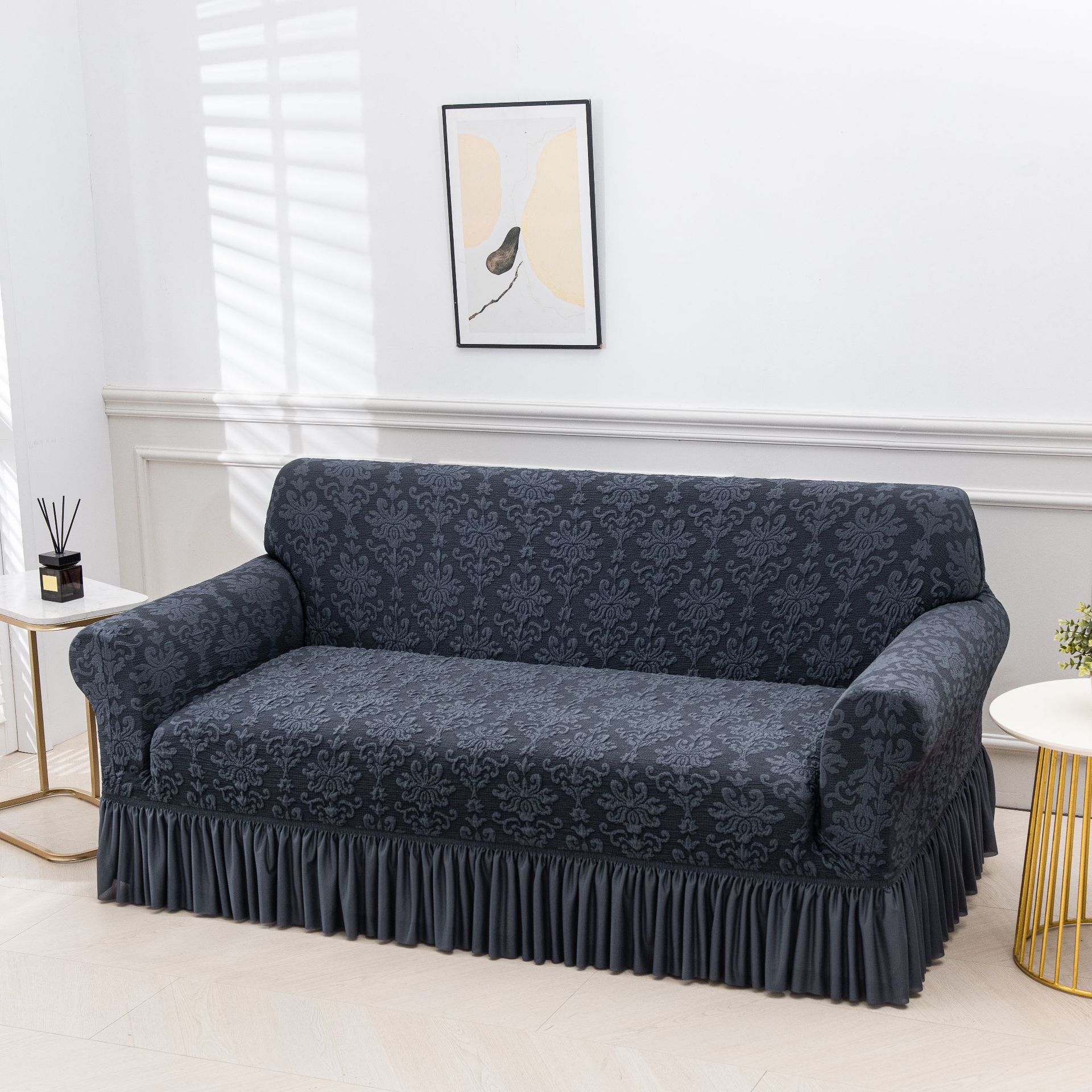 Black Silk Embossed Jacquard Skirt-style Stretch Living Room Sofa Cover