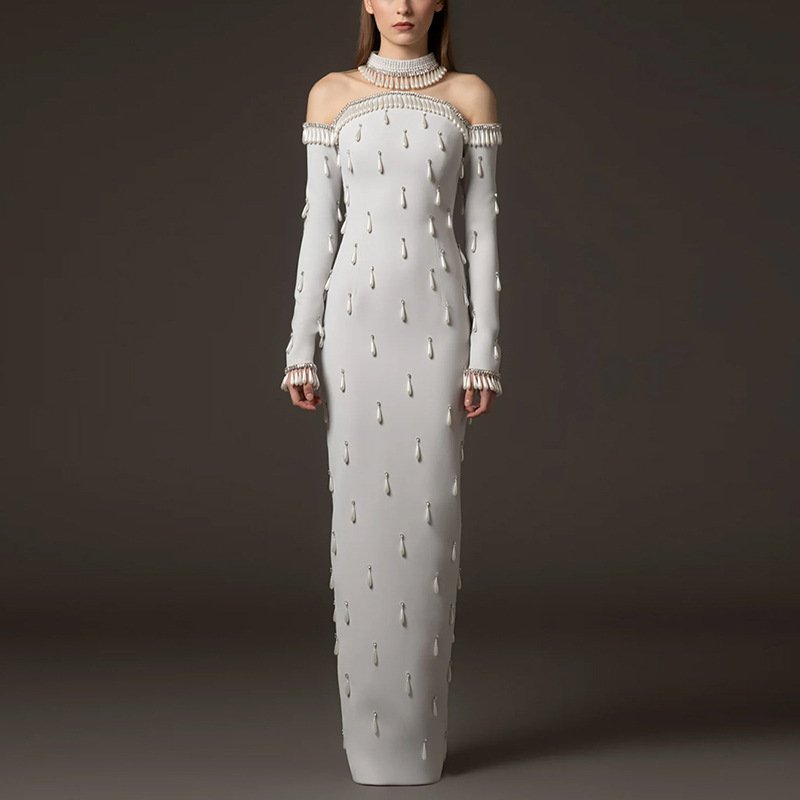 Heavy-duty Pearl Bead And Diamond-embellished Mesh-panel Long Dress