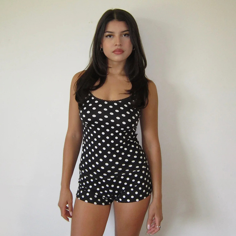 Polka Dot Print Contrast Color Lace Basic Style Midriff-baring Small Sling High Waist Shorts Sexy Casual Suit