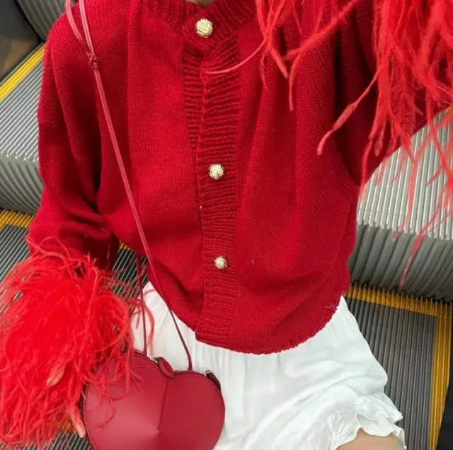 Cuff Fur Stitching Cardigan Sweaters Women's Clothing Red - Shop at LoveMi