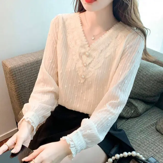 Western Style Fashion Inner Match Top Temperament Youthful looking Chiffon Lace Shirt Apricot - Shop at LoveMi