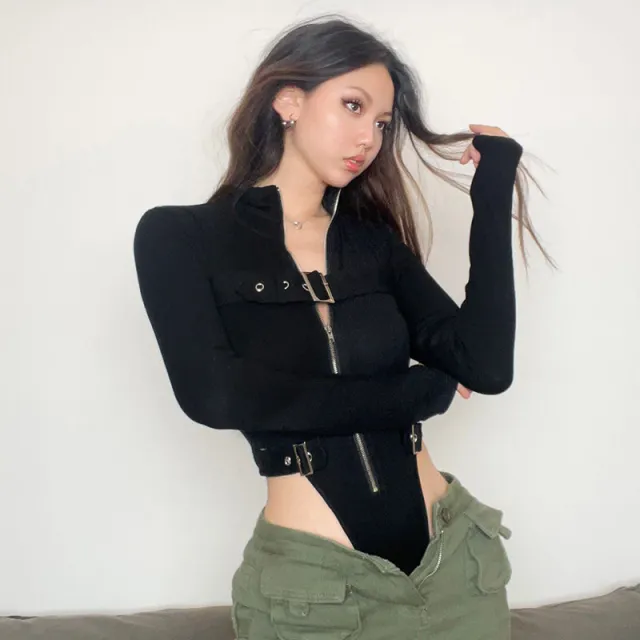 Sweet Cool Sports Style Metal Buckle Zipper Jumpsuit Black - Shop at LoveMi