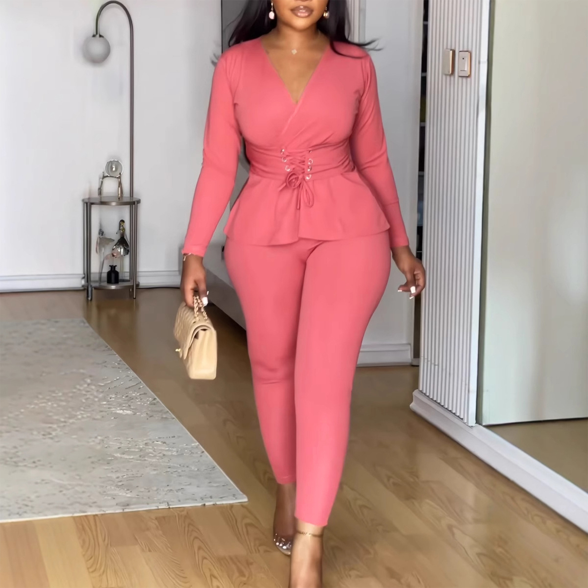 European And American Solid-color V-neck Waist-cinching Stretchy Long-sleeve Pants Set 6