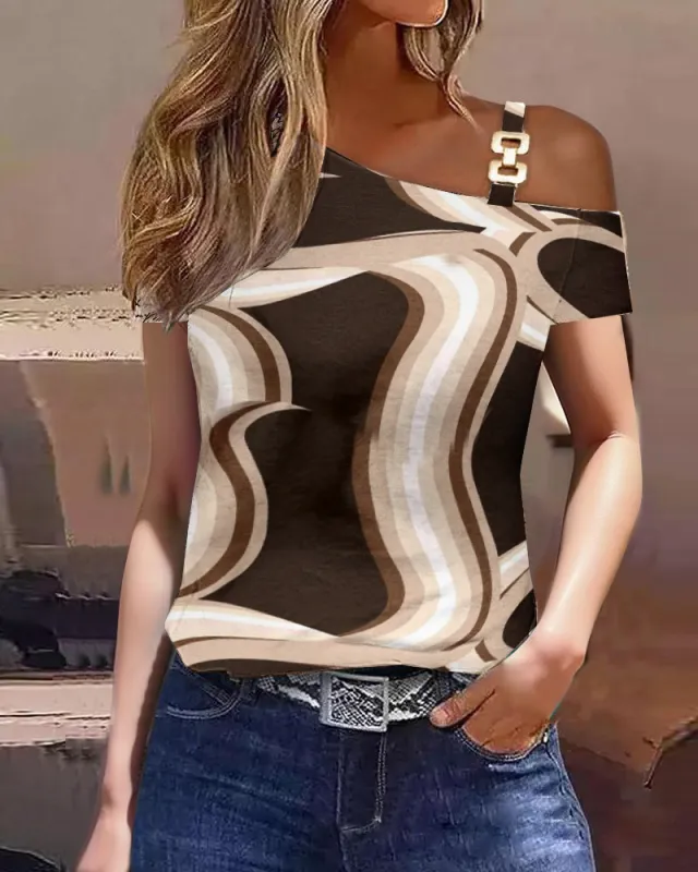Women's Summer Simplicity Short sleeved Metal Buckle Printed T shirt Color - Shop at LoveMi