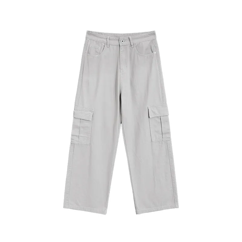 Large Pocket Wide-leg Overalls Casual Jeans - Grey