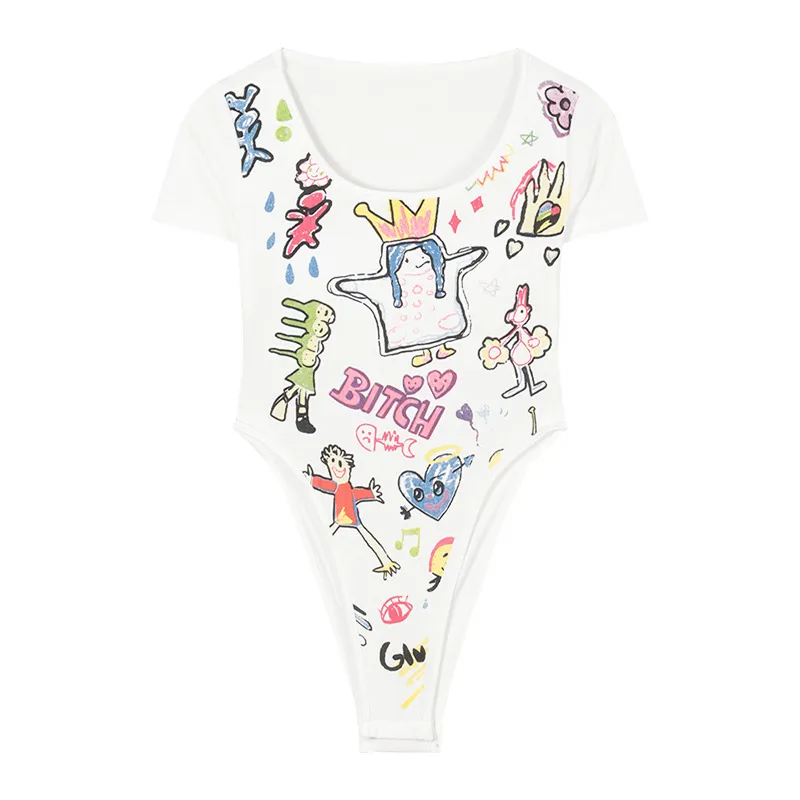 Hollow Out Cartoon Short Sleeve T-shirt Women's Summer Short - White