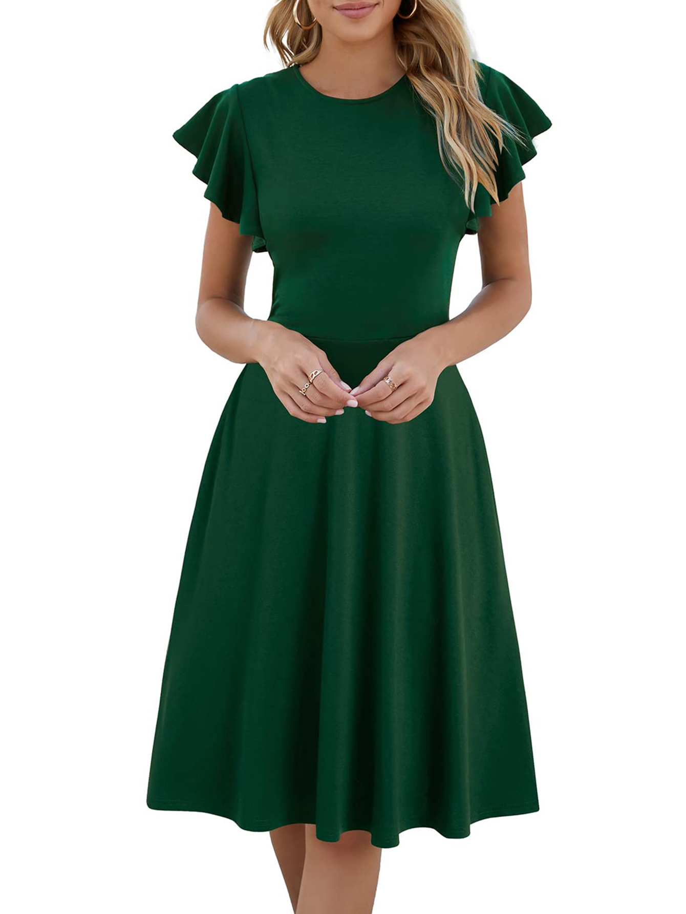Short Sleeve Round Neck Elegant Ruffle Sleeve Solid Color Casual Mid length Dress Green - Shop at LoveMi