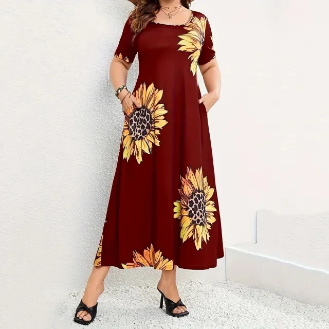 Sunflower Print Loose Short Sleeve Dress Red - Shop at LoveMi