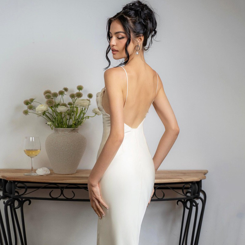 Solid Color Satin Sexy Backless Spaghetti Straps Dress