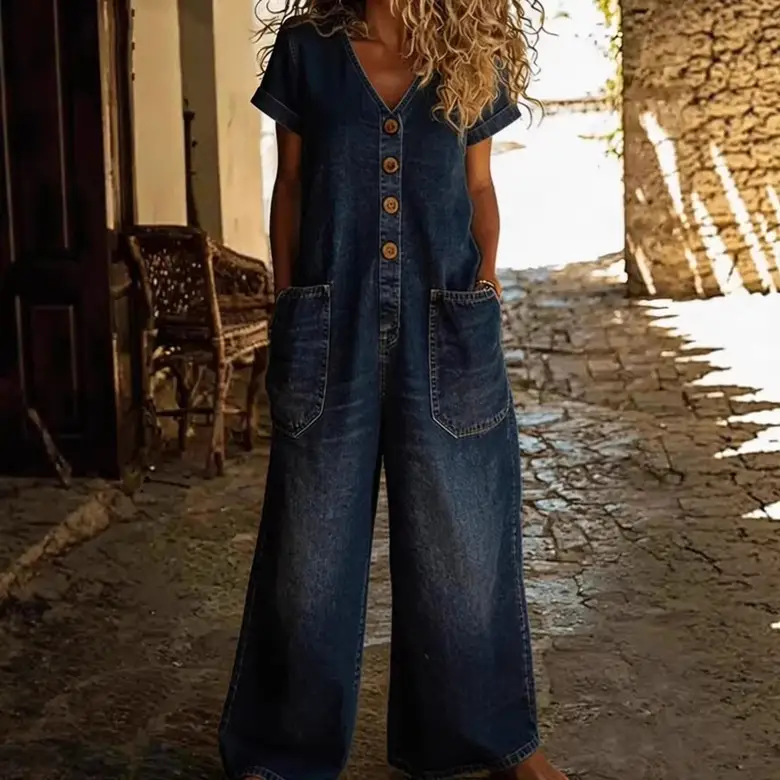 Comfortable Pocketed Short-Sleeve Casual One-Piece Wide-Leg Jumpsuit