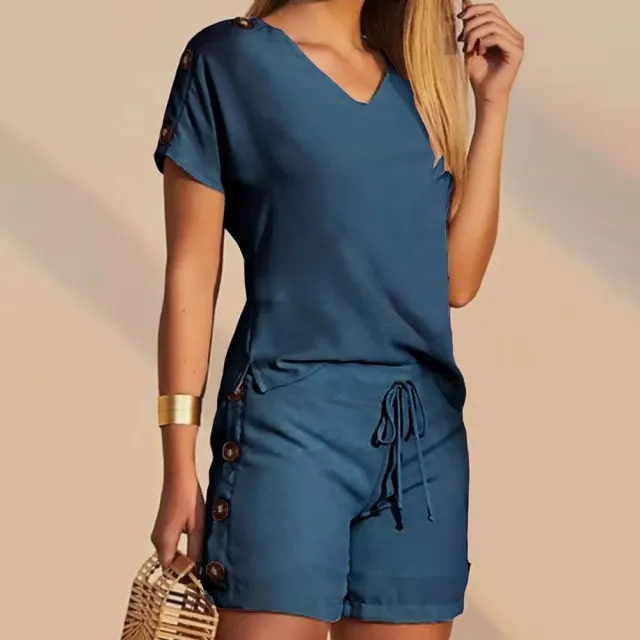 Comfortable Decorative Buttons Short sleeved Shorts Suit Blue - Shop at LoveMi