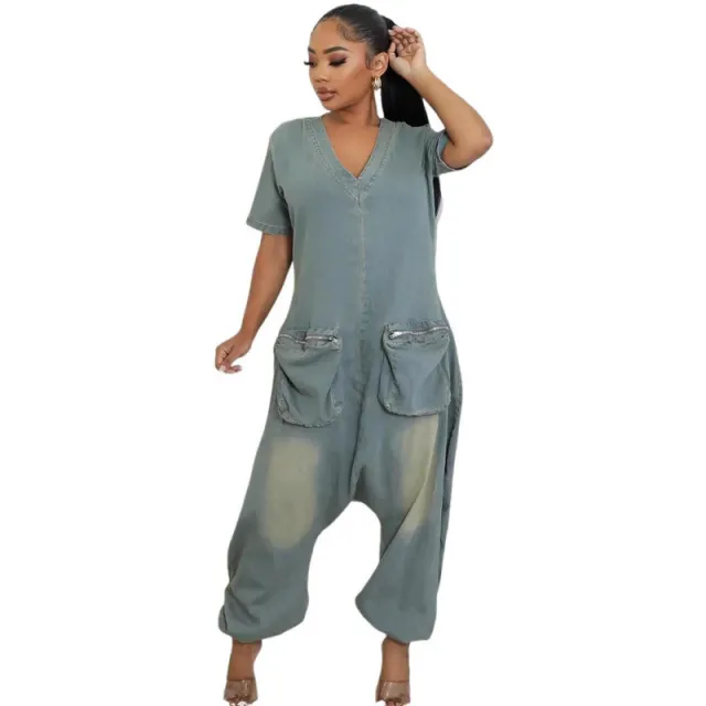 Women's Loose Crotch Jumpsuit Retro Personality Peacock Blue - Shop at LoveMi