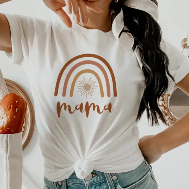TINLEY Boho Burnt Orange Rainbow Sun Mom T shirt White - Shop at LoveMi