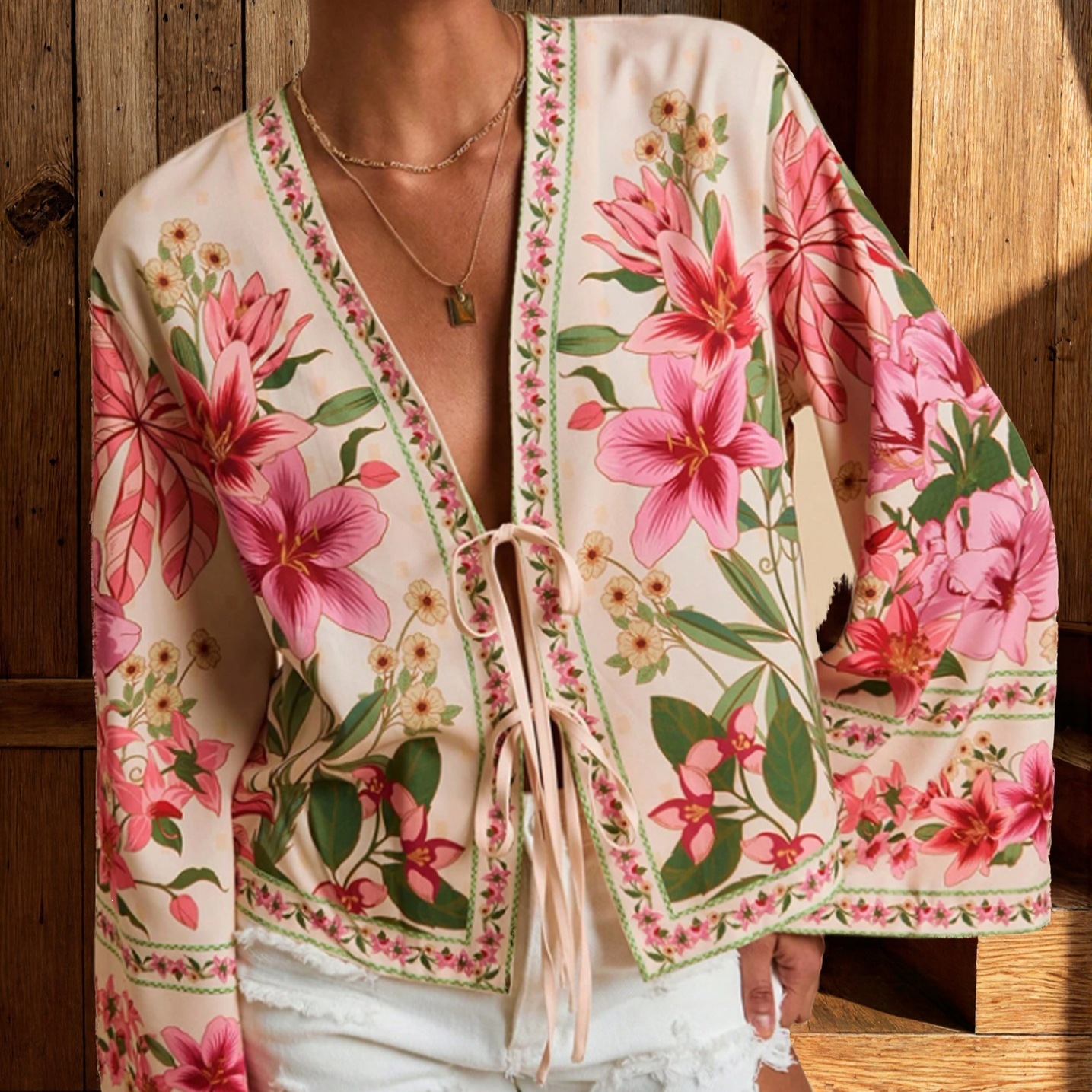 Stylish And Elegant Floral-print Resort style Cardigan For Women